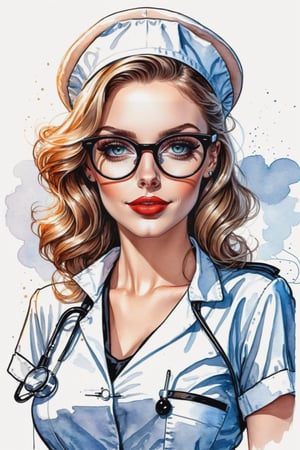 breathtaking (charming beautiful young woman, (sly smirk:0.3), wearing round glasses and sexy nurse tight hot outfit,  (feminine physique, at work ))
a high quality, masterpiece, ((black sharp ink sketch)), colored with glossy modern watercolor,
(accentuated black fine contour lines), fine and clean, [style of modern 2d pinup poster] . award-winning, professional, highly detailed