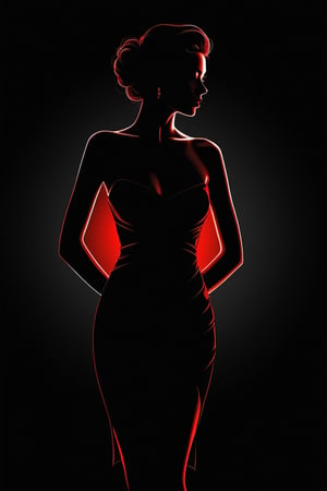 score_10, score_9_up, score_8_up, score_7_up, Silhouette Art, breathtaking line art drawing , a (beautiful charming woman), slender dark dim figure, slightly posing, a tight sleek strict dress. bright red backlight illuminates elegant woman's dark dim silhouette, (bright glowing red contour and outline), graceful amazing and sensual look. (very dark foreground, black solid background), chiaroscuro, detailed, high quality, high resolution, contrast. professional, sleek, modern, minimalist, graphic, line art, vector graphics . award-winning, professional, highly detailed, high contrast, well defined, Silhouette Art