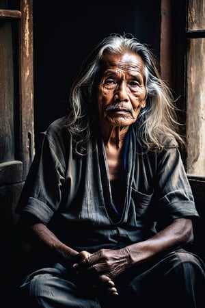 an old man dressed in long hair sitting in a window, in the style of smokey background, portraiture with emotion, art of burma, high contrast shots, luminous portraits, candid moments captured