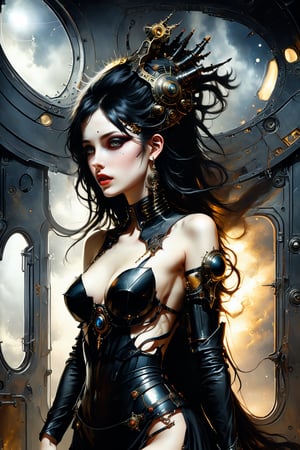 An digital illustration (side view:1.2) (warhammer 40k) drawing masterpiece with intricate details and the best quality art by, (Dorian Cleavenger:1.2) and (luis royo) a young attractive painter with slim skinny figure, round face and full lips, hypnotizing piercing gaze, wearing destoyed elegant noble black dress with ornate jewlery and black hair in despair (dramatic pose) in sci-fi dark large spacious (gothic cabin)  with tall celling on a space ship (painter studio) cabin with single easel with canvas, broken destoyed paintings, spilled paint on the marble floor black (metal walls) with mechanical parts cogs with gothic space ship (massive windows ) showing dark (outer space) with visible cosmos stars outside durin warp storm.