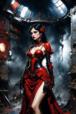 An digital illustration (side view:1.2) (warhammer 40k) drawing masterpiece with intricate details and the best quality art by, (Dorian Cleavenger:1.2) and (luis royo) a young attractive painter with slim skinny figure, round face and full lips, hypnotizing piercing gaze, wearing destoyed elegant noble red dress with ornate jewlery and black hair in despair (dramatic pose) in sci-fi dark large spacious (gothic cabin)  with tall celling on a space ship (painter studio) cabin with single easel with canvas, broken destoyed paintings, spilled paint on the marble floor black (metal walls) with mechanical parts cogs with gothic space ship (massive windows ) showing dark (outer space) with visible cosmos stars outside durin warp storm.