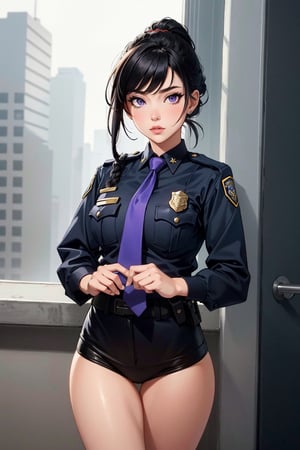 masterpiece,best quality, police uniform, police woman, necktie, black hair, purple eyes, long hair, medium breasts, single braid, low ponytail, sidelocks,