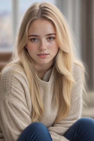 1girl, solo, long hair, looking at viewer, smile, blonde hair, sitting, blurry, sweater, lips, head tilt, realistic,Realism