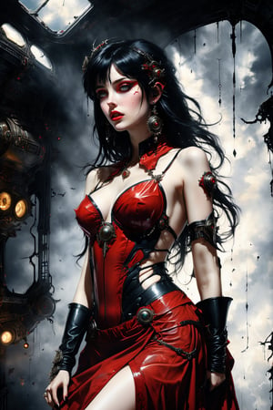 An digital illustration (side view:1.2) (warhammer 40k) drawing masterpiece with intricate details and the best quality art by, (Dorian Cleavenger:1.2) and (luis royo) a young attractive painter with slim skinny figure, round face and full lips, hypnotizing piercing gaze, wearing destoyed elegant noble red dress with ornate jewlery and black hair in despair (dramatic pose) in sci-fi dark large spacious (gothic cabin)  with tall celling on a space ship (painter studio) cabin with single easel with canvas, broken destoyed paintings, spilled paint on the marble floor black (metal walls) with mechanical parts cogs with gothic space ship (massive windows ) showing dark (outer space) with visible cosmos stars outside durin warp storm.