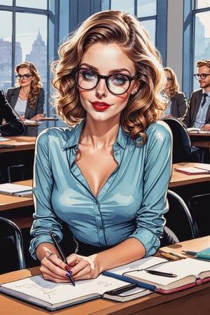 breathtaking (charming beautiful young woman, (sly smirk:0.35), wearing round glasses and sexy teacher tight thin outfit,  (feminine physique, at teacher table))
a high quality, masterpiece, ((black sharp ink sketch)), colored with glossy modern watercolor,
(accentuated black fine contour lines), fine and clean, [style of modern 2d pinup poster] . award-winning, professional, highly detailed