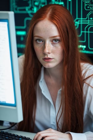 Portrait front view of a beautiful female hacker with long red hair, pale skin, freckles, big brown eyes, thin face, writing (computer code and experiments with electronics), realistic office, hyperrealistic photo, epiCRealism