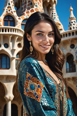 ((Hyper-realistic portrait of a beautiful Spanish girl around 20 years old)), (((American flat shot))), photo of a girl posing as a model, seductive and clear facial features, detailed and symmetrical face, soft skin and detailed, shiny lips, big smile, mesmerizing, (long black hair, casual hairstyle, wearing traditional Spanish clothing and jewelry, casual pose)
(Realistic and detailed background of Gaudi's Batlló house in Barcelona), (scene with a well composed background, with a miniature model in the foreground, seen in the distance)
Perfect rule of thirds composition, expressionism, studio photography, trending on artstation, (masterpiece, best quality, 32k, UHD: 1.5), (sharp focus, high contrast, HDR, ray tracing, hyper-detailed, intricate detail, ultra-realistic, award-winning photo, kodachrome 800:1.4), (cinema lighting: 1.2), by Karol Bak, Gustav Klimt, Gerald Brom and Hayao Miyazaki.,Megan_Fox
