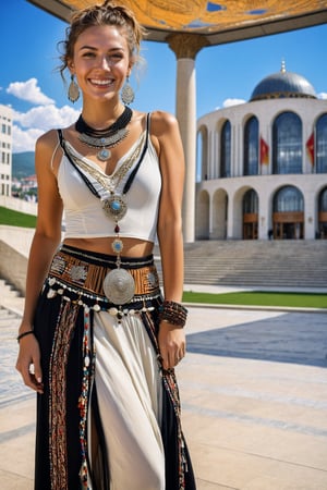 ((Hyperrealistic)), (((American plan shot))), photo of a girl posing as a model, 20 years old, 1 girl, seductive, clear facial features, detailed exquisite symmetrical face, detailed soft shiny skin, shiny lips, Large smile, mesmerizing, (random hair color and style, random necklace, random earrings, random clothes among traditional Kosovo clothes,  random pose)
(Realistic and detailed backdrop of the National Library, which has an unusual exterior in Pristina, the capital of Kosovo), (scene with a beautifully composed background, with a miniature model in the foreground, seen in the distance)
Rule of thirds perfect composition, expressionism, studio photo, trending on artstation, (masterpiece, best quality, 32k, UHD: 1.5), (sharp focus, high contrast, HDR, ray tracing, hyper-detailed , intricate detail, ultra-realistic, award-winning photo, kodachrome 800:1.4), (cinema lighting: 1.2), by Karol Bak, Gustav Klimt, Gerald Brom and Hayao Miyazaki.