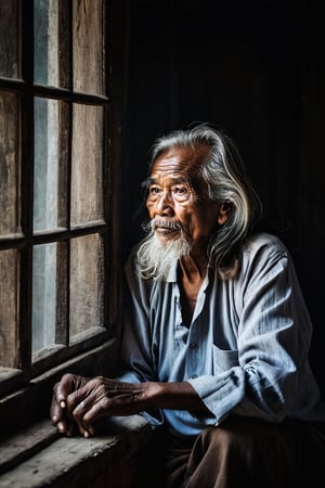 an old man dressed in long hair sitting in a window, in the style of smokey background, portraiture with emotion, art of burma, high contrast shots, luminous portraits, candid moments captured