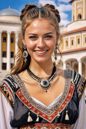 ((Hyperrealistic)), ((full body: 1.21)), photo of a girl posing as a model, 20 years old, 1 girl, seductive, clear facial features, detailed exquisite symmetrical face, detailed soft shiny skin, shiny lips, Large smile, mesmerizing, (random hair color and style, random necklace, random earrings, random clothes among traditional Kosovo clothes, random shoes, random pose)
(Realistic and detailed backdrop of the National Library, which has an unusual exterior in Pristina, the capital of Kosovo), (scene with a beautifully composed background, with a miniature model in the foreground, seen in the distance)
Rule of thirds perfect composition, expressionism, studio photo, trending on artstation, (masterpiece, best quality, 32k, UHD: 1.5), (sharp focus, high contrast, HDR, ray tracing, hyper-detailed , intricate detail, ultra-realistic, award-winning photo, kodachrome 800:1.4), (cinema lighting: 1.2), by Karol Bak, Gustav Klimt, Gerald Brom and Hayao Miyazaki.