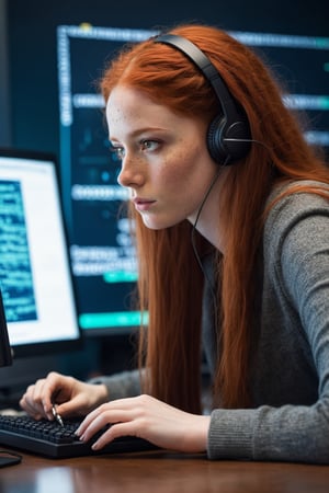 beautiful hacker woman with long redhair , pale skin, freckles, big brown eyes, slim face, writing (computer code and doing experiments with electronics), realistic office, hiperrealistic photo, epiCRealism