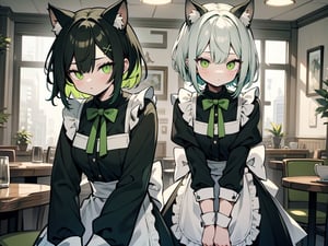 (best quality, 4k, 8k, highres, masterpiece:1.2), ultra-detailed, glowy ,4k,extremely delicate and beautiful art 2girl, epic cafe place background, 1girl, solo,short hair, (black green hair), ((split-color hair)), cat ears, bow, maid costume, dark green eyes color, low glowing eyes, slouching pose

