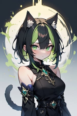 (best quality, 4k, 8k, highres, masterpiece:1.2), ultra-detailed, shading, glowy,highres,4k,extremely delicate and beautiful art 2girl, epic background, 1girl, solo,short hair, black hair, combined hair, green hair, cat ears, bow, black jacket, detached sleeves, dark green eyes color, low glowing eyes