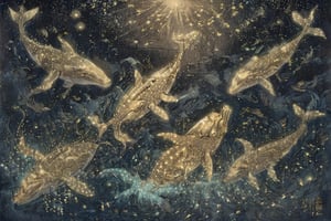 Deep sea, outer space, fantasy whales composed of golden light, a large group of ray whales with flashing fluorescent lights next to them, interstellar, milky way, stars, depth of field,Ukiyo-e,ink