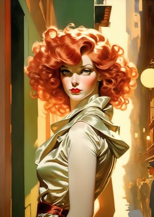 ((wide shot from a distance, full body)), Art by J.C. Leyendecker, a masterpiece, stunning beauty, hyper-realistic oil painting, vibrant colors, a beautiful gorgeous Bond girl type character, red hair, green background. chiarascuro lighting, standing in a dark alley, a telephoto shot, 1000mm lens, f2,8,