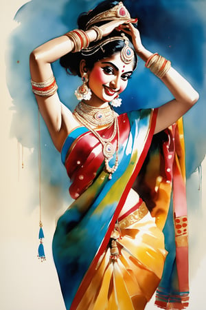  art by Jean-Gabriel Domergue, Frontal view of an Indian classical dancer, 26 years old, embodying grace and cultural richness, with an expressive, vibrant face, centered on a stage adorned with traditional decorations. She's performing an intricate Bharatanatyam routine, her hands in a precise mudra, her footwork telling a story as old as time.

Her hair, long and black, is styled into a classic bun embellished with jasmine flowers, adding to her traditional appearance. Her face, adorned with elaborate makeup, is a canvas of expressive storytelling, her eyes wide and emotive, lips curved in a rhythmical smile that syncs with her dance.

She has a slender, supple build. Dressed in a (colorful silk saree) with golden borders and (matching blouse), her attire complements the fluidity and elegance of her movements. Her feet, adorned with (ghungroos - traditional ankle bells), ring out melodically with each step, her presence a mesmerizing blend of art, tradition, and rhythm., digital art, a ultra hd detailed painting, Jean-Baptiste Monge style, bright, beautiful, splash, Glittering, cute and adorable, filigree, rim lighting, lights, extremely, magic, surreal, fantasy, digital art, wlop, artgerm and james jean