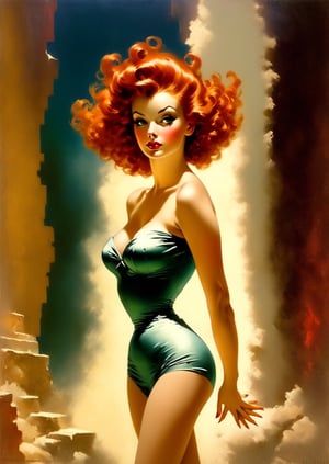 ((wide shot from a distance, full body)), Art by gil elvgren, a masterpiece, stunning beauty, hyper-realistic oil painting, vibrant colors, a beautiful gorgeous Bond girl type character, red hair, fantastic body, large chest, fantastic legs, high heels. Rembrandt lighting, standing in a dark alley, striking a pose for the photographer, a telephoto shot, 1000mm lens, f2,8, low camera perspective ,Leonardo Style,Leonardo style 