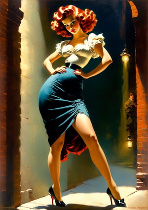((wide shot from a distance, full body)), Art by gil elvgren, a masterpiece, stunning beauty, hyper-realistic oil painting, vibrant colors, a beautiful gorgeous Bond girl type character, red hair, fantastic body, large chest, fantastic legs, high heels. Rembrandt lighting, standing in a dark alley, striking a pose for the photographer, a telephoto shot, 1000mm lens, f2,8, low camera perspective 