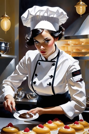  art by Jean-Gabriel Domergue, 
Close-up of a French pastry chef, 30 years old, embodying a fusion of culinary artistry and precise skill, with a clear, focused face, centered amidst the bustling backdrop of a Parisian patisserie kitchen. She's intently decorating a delicate (chocolate entremet), her hands displaying the finesse of her craft.

Her hair, short and chic black, is tucked neatly under a chef's hat, practical yet stylish for her work environment. Her face, lit by the warm kitchen light, reveals her concentration, eyes meticulously overseeing every detail, lips pursed in a mix of concentration and creative satisfaction.

She has a petite, agile build. Clad in a (pristine white chef’s jacket) and (herringbone-patterned apron), her uniform is both functional and emblematic of her professional dedication. Her hands, skilled and steady, gracefully apply the finishing touches to the pastry, each movement a testament to her culinary expertise and passion for French patisserie
, digital art, a ultra hd detailed painting, Jean-Baptiste Monge style, bright, beautiful, splash, Glittering, cute and adorable, filigree, rim lighting, lights, extremely, magic, surreal, fantasy, digital art, wlop, artgerm and james jean