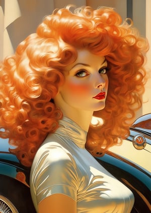 Art by J.C. Leyendecker, a masterpiece, stunning beauty, hyper-realistic oil painting, vibrant colors, a beautiful gorgeous Bond girl type character, red hair, green back. chiarascuro lighting, standing next to an Aston Martin, a telephoto shot, 1000mm lens, f2,8,