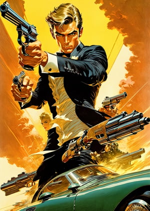 art by Masamune Shirow, art by J.C. Leyendecker, art by boris vallejo, a masterpiece, stunning beauty, hyper-realistic oil painting, vibrant colors, a James Bond type character, dark chiarascuro lighting, aiming a Luger pistol in his right hand, fighting bad guys, driving an Aston Martin, a telephoto shot, 1000mm lens, f2,8,