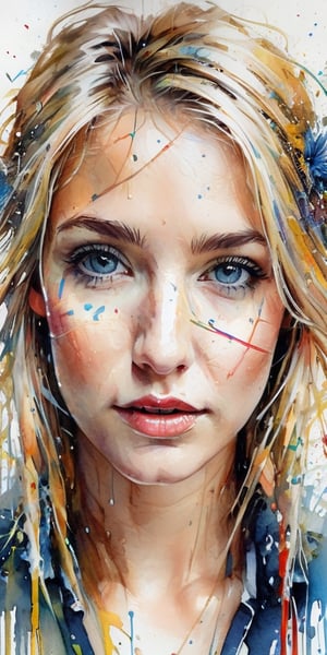redshift style Routermaster, Dripping & Splashing Watercolor, Flowerly, passion, intricate details pretty blonde girl, masterpiece, artwork by Carne Griffiths & Marc Allante, long shot view, HD,PORTRAIT PHOTO