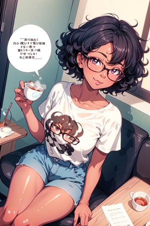 1 girl, black american with short curly hair, graphic tee, at home drinking tea, cute big glasses, view from above, naked/nude, toned legs, happy, cute, anime style, good proportions, seducing eyes, blushing, text bubbles, seductive, looking up at viewer