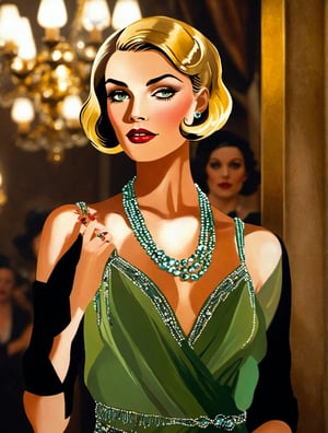 The scene portrays a woman styled in a 1920s fashion, exuding elegance and sophistication. She wears a flapper-inspired dress with a deep V-neck and is adorned with multiple layers of pearl necklaces and an intricate, jeweled centerpiece. Her dress appears to have a shimmering, beaded texture, and she also has a matching beaded headband accentuating her short, waved platinum blonde hair in a typical Gatsby-era fashion. Her makeup is period-appropriate with dark, smoky eyes and bold, red lips.

She is posed in a profile that's turned towards the viewer, with her chin slightly lifted, which, along with her gaze, gives off a confident and alluring vibe. One arm is bent with her hand resting lightly on her hip, showcasing a beaded bracelet that matches her dress.

The environment suggests an opulent interior, possibly a high-end establishment or a private residence with Art Deco elements. There's a sense of richness and depth in the background, with dark, warm tones and decorative elements that might be part of elegant, vintage furniture or wall art, all contributing to the luxurious aura of the period.,photo r3al,Extremely , gric Gric, Realistic,more detail XL

The lighting in the scene is soft and diffused, casting a warm glow on the subject, highlighting the contours of her face and the intricate textures of her attire. There's a subtle interplay of light and shadow that accentuates the volume of her curled bob hairstyle and the sparkling details of her beaded dress and jewelry. The color palette is rich and moody, dominated by shades of gold and deep emerald, evoking the lavishness of the Roaring Twenties.

Her skin is luminously pale against the dark, muted backdrop, which appears to be a sumptuously appointed room. The ambient light seems to emanate from a source outside the frame, possibly a chandelier or other opulent light fixture appropriate to the era, casting gentle highlights and creating a soft shimmer on the beads and pearls. The overall effect is
