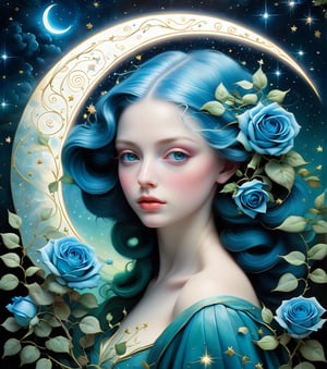 ultra highly detailed, mannerism, surrealism digital painting,   by Marc Todd, Nicoletta Ceccoli, Ray Caesar, WLOP,  close up  half  water transparent luminous  fairy  half blue rose   , swirling blue rose vines,, trees  big blue closed rose flowers, moon, moonlight, detailed night sky with stars and clouds, lavish green leaves,  garden, blossoming,  stars, sparks, Van Gogh starry sky , celestial glowing,  glowing aura,   mystical,  water drops, highly detailed, intricated, intricated pose, complex background ,  oil painting, thick strokes,  mannerism , vibrant colors, masterpiece, high quality, 32k, best quality, , ultra sharp focus