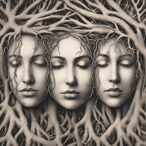 (((a perspective illusion of a 3 woman face drawn by roots))), 