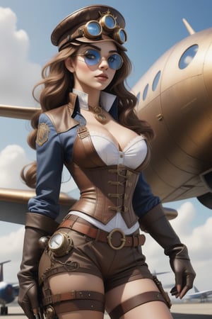 create a masterpiece, full body, sexy 25 year old  steampunk airforce pilot, sexy steampunk airforce helmet, sexy steampunk gun belt, steampunk large dark sunglasses, steampunk gadjet belt, steampunk sexy blue corset, full makeup on face, blushing, sensual blue eyes, firm breasts, steampunk high heel boots, long brown hair, sexy shorts, steampunk airport in background, steampunk plane, steampunk gadjets, weapon gadjet, detailed gadjets, (colorful), (finely detailed wide beautiful eyes), (detailed body), cinematic lighting, extremly detailed cg unity 8k wallpaper