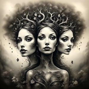 (((a perspective illusion of 2woman face drawn by roots))), (((roots in the form of a 2woman))), close up image, amazing ink sketch of a luscious fractal valley forest, art style, fine line drawring, (((very detailed type of image of 2 beautiful goth woman face surrounded by intricate forest))), (((family tree tattoo on chest))), profile image, (((eyes closed))), perspective illusion style, ((full face image)), (((highly detailed realistic line illustration of 2 beautiful woman healer with tattoo of tree of life covering her upper body))), (((perfectly defined lips, detailed lips, perfect soft skin))), ((face tattoo of tree of life)), (fading into darkness), (beautiful woman face),((tree of life tattoo on face)), (face of tree), (beautiful pencil style), sensual scene of woman looking down, one with nature, happy, (((black and white image))), perfectly defined ears, finely detailed image, perfectly defined hands, perfectly detailed hands, perfect face aesthetics, (((perfect hands))), ((black ink drawring image of beautifull french gothic woman with beautiful light short dark hair)), looking away, finely detailed roots growing on body, neck of roots, shoulders of roots, sensual eyes, 2 beautiful gothic woman, mother of nature, rounded face, side shot, winter forest in background , finely detailed hair, medium long-hair, perfectly detailed eyes, perfectly detailed eyes, (finely detailed family tree tattoo on shoulder), 2024's style, (((universe in background))), (((finely detailed universe in background))), (((finely detailed night sky in background))), (((fairies in background))). dark and moody style, masterpiece, professional, exquisite details, highly detailed, UHD, 64k,goth person,more detail XL,sketch, in the style of esao andrews,esao andrews style,CharcoalDarkStyle,watce