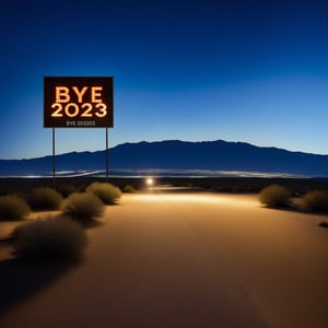 masterpiece, (((big sign on left side of desert road text"BYE 2023" text))),night city,(((in distance text"WELCOME 2024"text))),