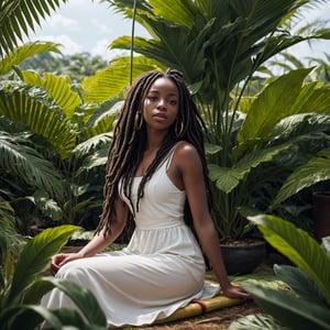 1girl african with long golden rasta hair sitting in a field of tropical plants and flowers, her hand holding tropical flowers, warm lighting, white dress, blurry foreground, photorealistic, full image, full body,