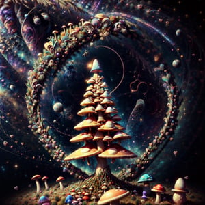 masterpiece, (((pine tree made of magic mushrooms flying through space))), (((flow of hearts in background))) cosmos in background, sacred geometry in background, More Detail,DonMF41ryW1ng5, More detail,