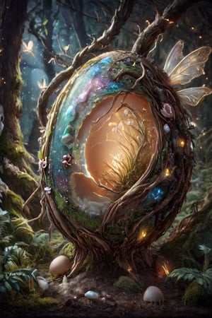 A little magic beast is hiding inside the egg. Very detailed beast. Detailed ultra-realistic mysterious glitter egg in magic glowing forest, a lof of details. 
