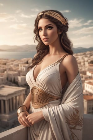 A beautiful woman, full body. Her symmetrical features and intense expression give off a ancient Greece feel, while the ultra-detailed rendering and nude colors add a touch of mythic beauty. Aesthetic Ancient Greece city background 