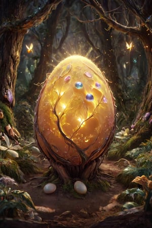 The egg is burning in a bright yellow light. Detailed ultra-realistic mysterious glitter egg in magic glowing forest, a lof of details. 