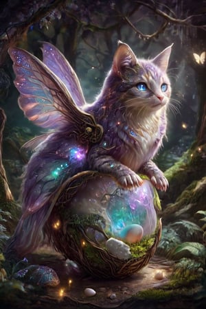 A fantastic magic purple kitten with wings is lying in the egg. Detailed ultra-realistic mysterious glitter egg in magic glowing forest,stworki