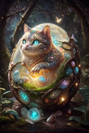 A fantastic magic cat is lying in the egg. Detailed ultra-realistic mysterious glitter egg in magic glowing forest