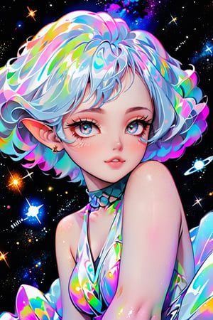 ((full body)), Beautiful kawaii naughty girl in space, hyper-detailed, with blue cotton candy curly hair, candy freckles, bright makeup, and a holographic transparent space suit. The full-body portrait is a highly detailed illustration of a space explorer, surrounded by swirls of stars and galaxies. The pale pastel colors of the portrait are reminiscent of the cosmos, with bubblegum bubbles floating around the character,Mar1lyn_pos3