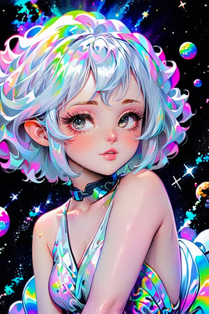 ((full body)), Beautiful kawaii naughty girl in space, hyper-detailed, with blue cotton candy curly hair, candy freckles, bright makeup, and a holographic transparent space suit. The full-body portrait is a highly detailed illustration of a space explorer, surrounded by swirls of stars and galaxies. The pale pastel colors of the portrait are reminiscent of the cosmos, with bubblegum bubbles floating around the character,Mar1lyn_pos3