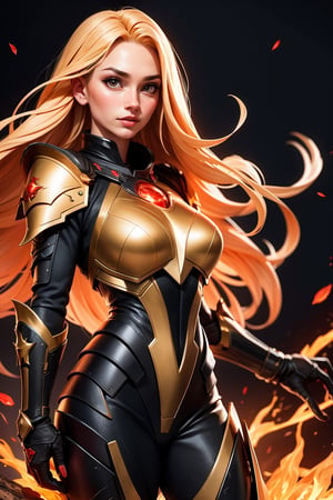 A women in a black armor with a gold skin in a burning sky, night, blond hair, a lot of freckles, scarlet red eyes glowing, red lips, combinaison latex