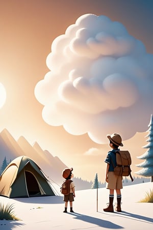 Minimalist style ~ childlike, a real fluffy marshmallow cloud is pasted on the blank paper, there is a sun, in the hand-drawn illustration, a little scout is standing next to the tent, looking up at the sky, cute