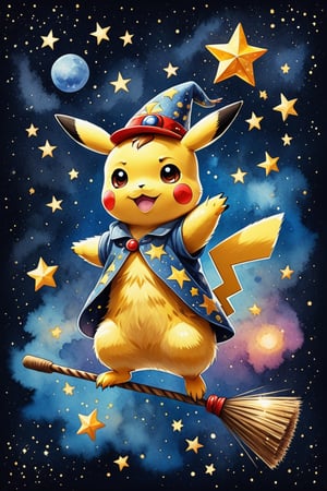 Klimt watercolor rendering. A Pikachu wearing a magic hat and flying on a magic broom. Watercolor starry sky fantasy starry sky background,disney pixar style,ULTIMATE LOGO MAKER [XL],LOGO