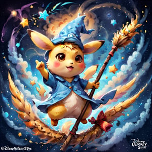 Klimt watercolor rendering. A Pikachu wearing a magic hat and flying on a magic broom. Watercolor starry sky fantasy starry sky background,disney pixar style,ULTIMATE LOGO MAKER [XL]