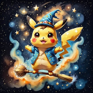 Klimt watercolor rendering. A Pikachu wearing a magic hat and flying on a magic broom. Watercolor starry sky fantasy starry sky background,disney pixar style,ULTIMATE LOGO MAKER [XL]