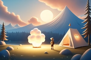 Minimalist style ~ childlike, a real fluffy marshmallow cloud is pasted on the blank paper, there is a sun, in the hand-drawn illustration, a little scout is standing next to the tent, looking up at the sky, cute