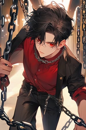 1boy, masterpiece, Beauty, looking_at_viewer, black hair, red eyes, dark clothes, chains , red shirt, black jaket, black pants,man,anepicboy