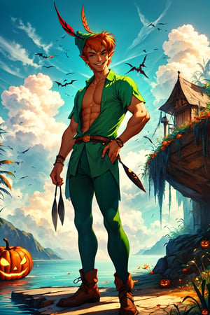1boy, masterpiece, Beauty,peter pan, short hair, orange hair, green pants, shirtless, belt, brown footwear, hat feather, male focus, pointy ears, looking_at_viewer, open clothes,( male_nipples), smile, island, blue sky, ,HalloweenGlowStyle